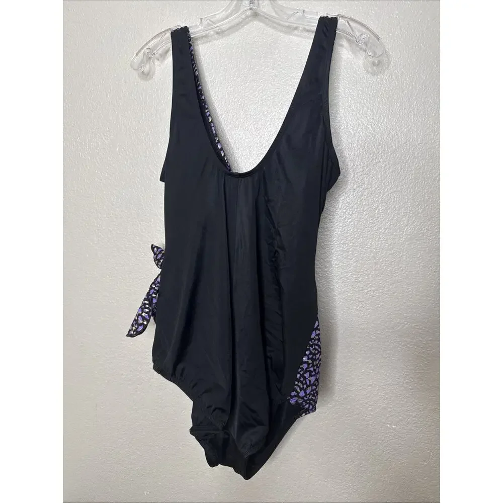 Longitude One Piece Swimsuit Plus Size 24W Black Purple Gold Wrap Front Leopard